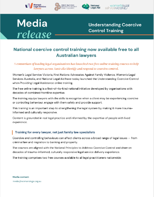 Thumbnail of MEDIA RELEASE   Understanding Coercive Control