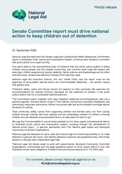 Thumbnail of Media Release: Senate Committee report must drive national action to keep children out of detention