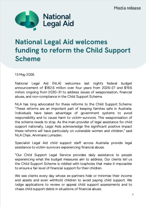 Thumbnail of National Legal Aid welcomes funding to reform the Child Support Scheme