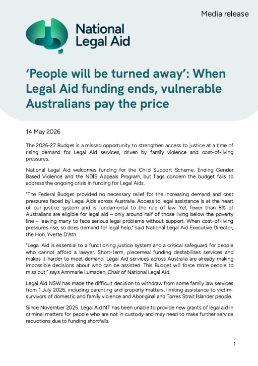 Thumbnail of Media Release When Legal Aid funding ends, vulnerable Australians pay the price