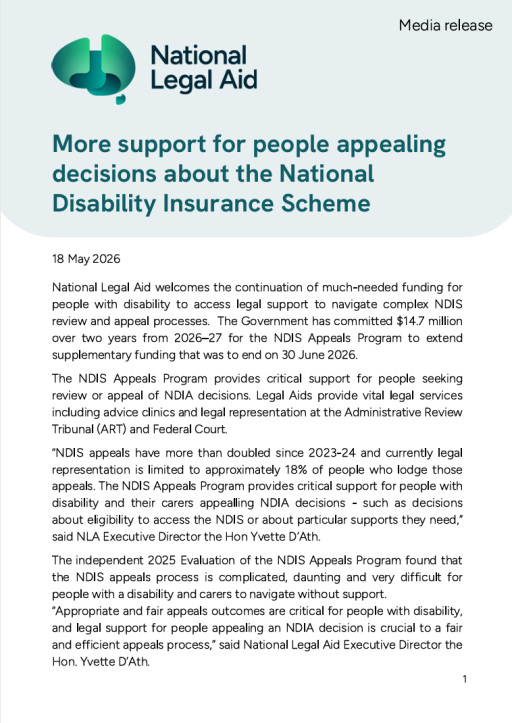 Thumbnail of Media Release more support for people appealing decisions about the National Disability Insurance Scheme