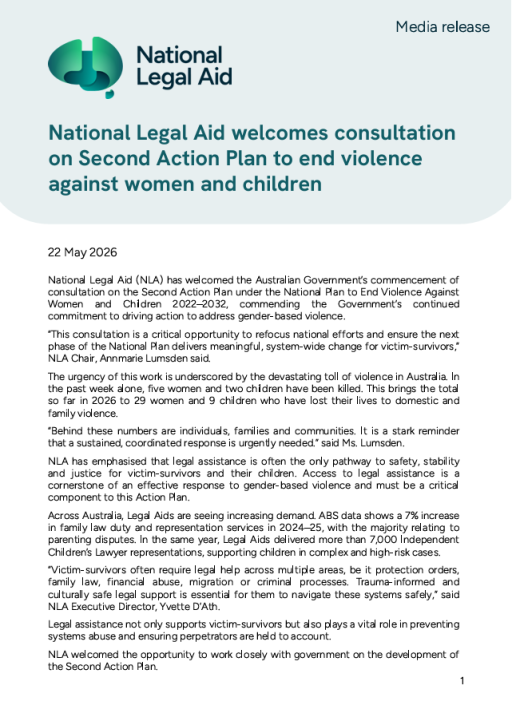 Thumbnail of Media Release: National Legal Aid welcomes consultation on Second Action Plan to end violence against women and children